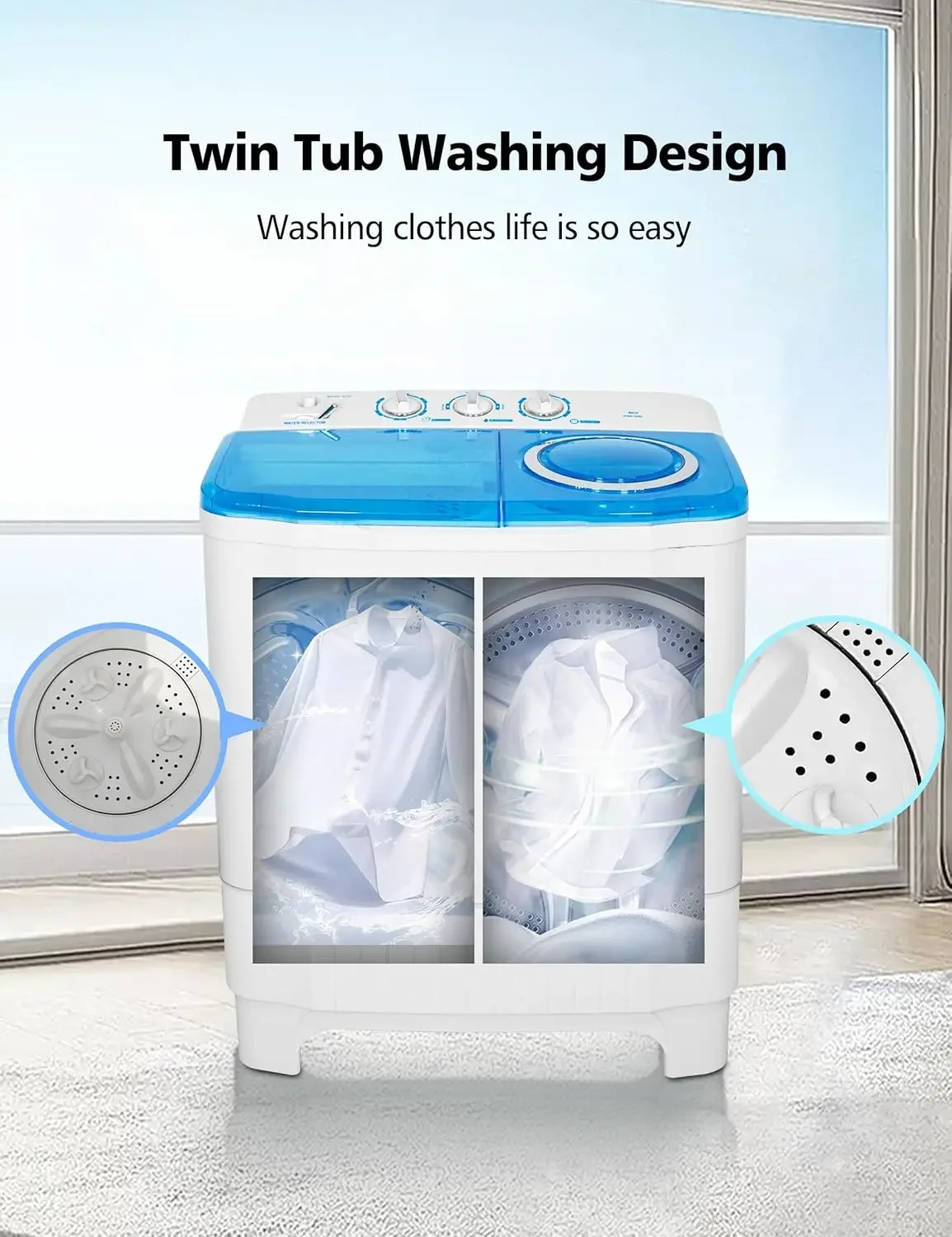 Compact Twin Tub Washing Machine 28Lbs Capacity for Apartments, RVs, Dorms - Washer 18Lbs Spinner 10Lbs Cycle Combo with Drain P