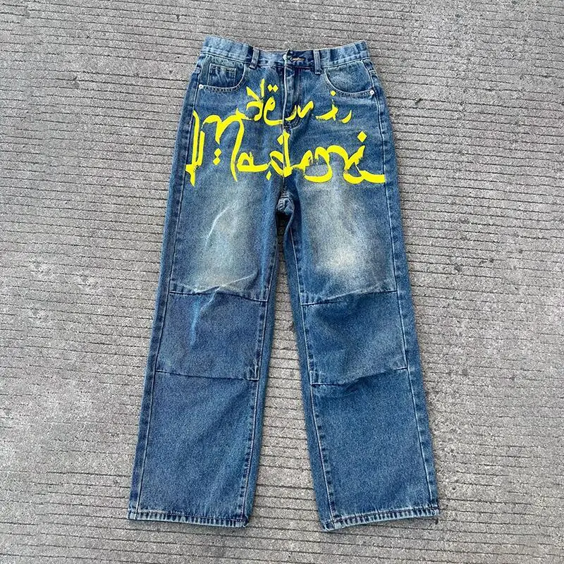 MWJLPWQ American Draped Printed Straight Jeans Unisex High Street Autumn Loose Washed Niched Design Male Casual Long Pants 12471