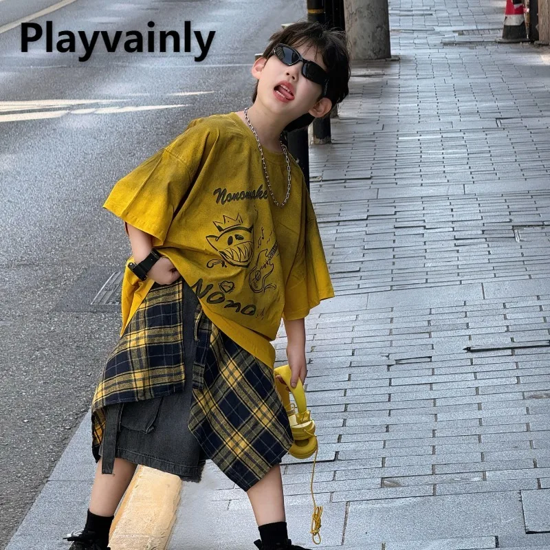 

Новинка 2023 года, летняя футболка с героями мультфильмов в корейском стиле для мальчиков, желтые повседневные свободные топы с круглым вырезом и короткими рукавами, модные детские футболки A5038