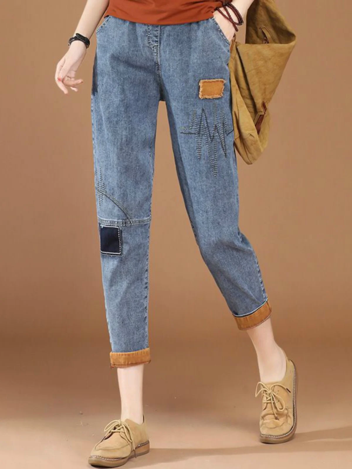 elastic-waist-casual-embroidered-nine-tenths-denim-pants-women's-summer-new-loose-harlan-pants-thin-lightweight-tee-piece-set