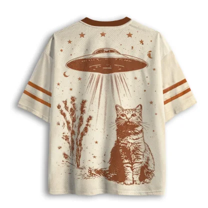 Retro UFO Cat Print Mesh V Neck T Shirt Men Summer Western Desert Style Loose Short Top