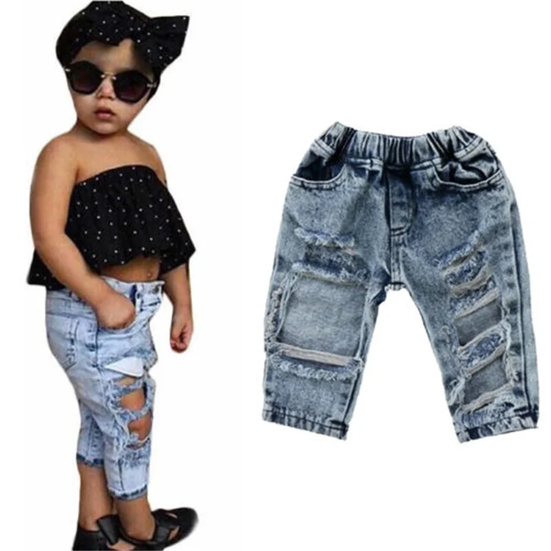 Toddler Baby Kid Girl Clothes Set Off Shoulder Tank Top Denim Jeans Pants Outfits Children Girls Costumes Summer