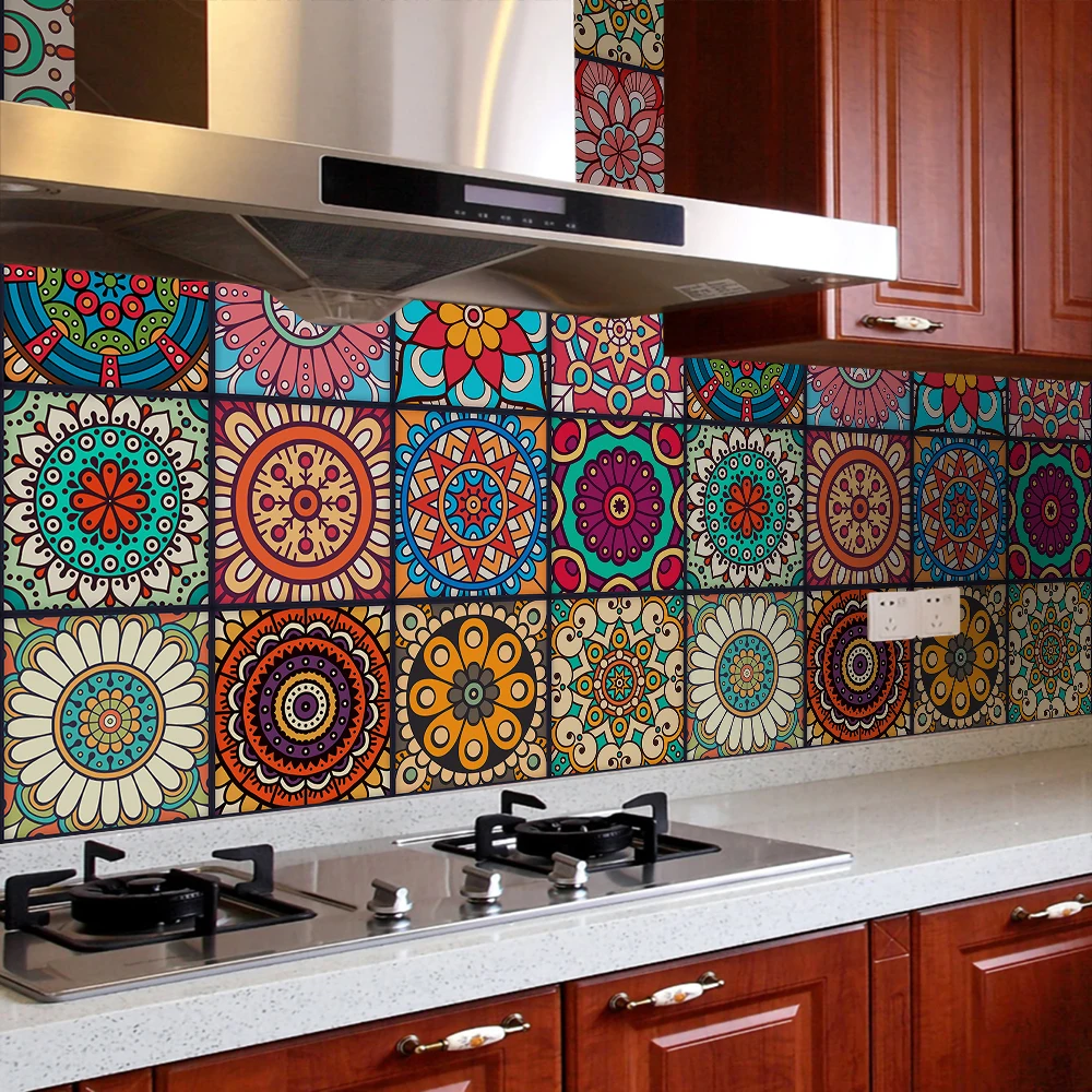 16pcs Colourful Mandala Style Tiles Wall Sticker Kitchen Backsplash Oil-proof Peel & Stick Home Decor Waterproof Art Wall Decals
