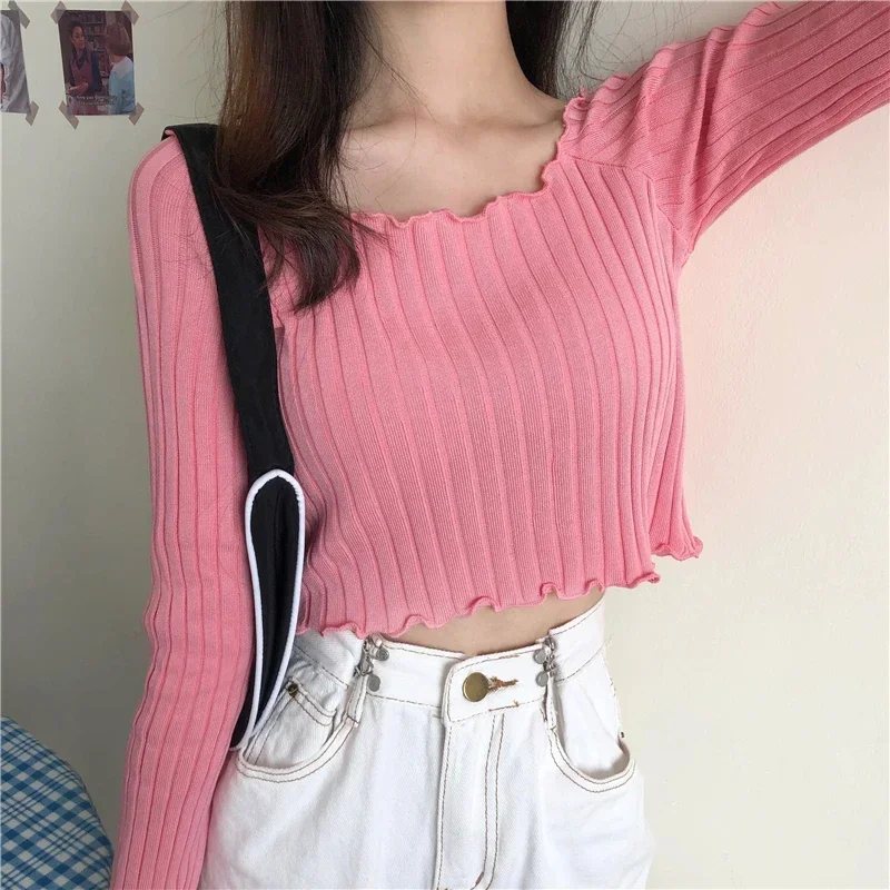 Women\'s Sweater 2024 Winter Fashion Navel Bare Cropped Tops Chic Wave Edge Casual Lady Knitted Pullover Short Solid Sweaters