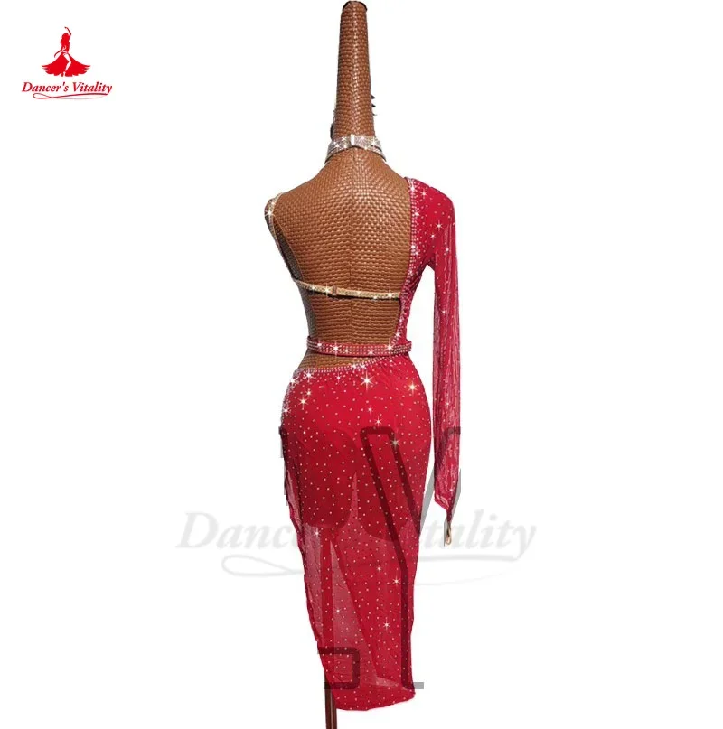 Latin Dance Competition Performance Dress Art Exam Female Elastic Mesh Long Sleeves Skirt Women Tango Latin Practice Dress