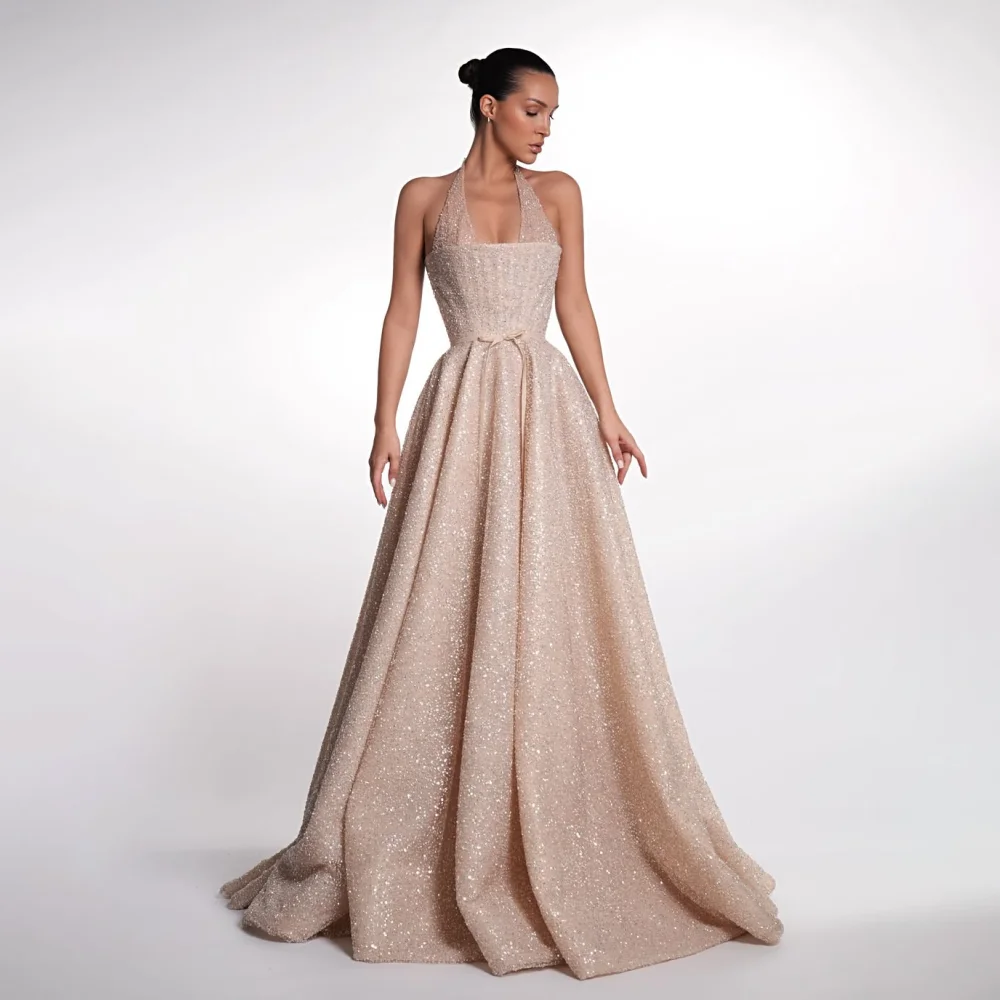 Customized Champagne Halter Neck Sequin Mother Of The Bride Gown Corset Waist Sash A Line Ballgown Wedding Evening Dress