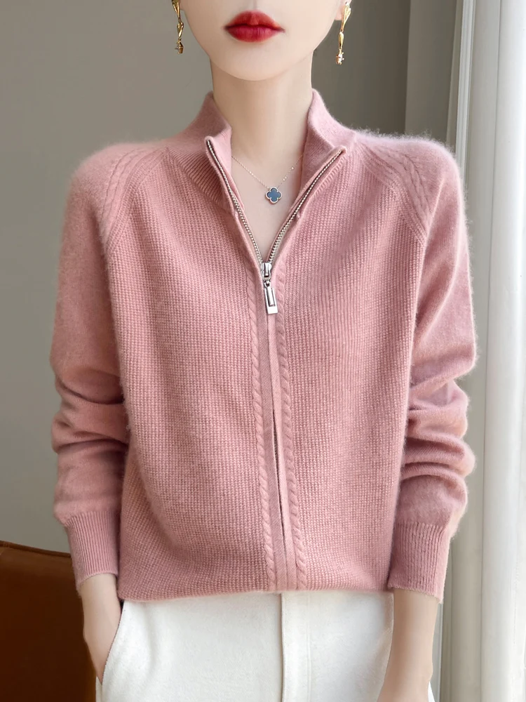 Women Zippers Cardigan 100% Merino Wool Sweater Autumn Winter Mock Neck Raglan Sleeve Cashmere Knitted Sweater Coat Korean Tops