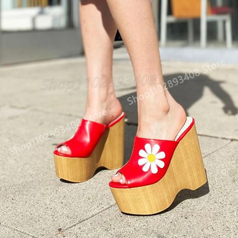 

Red Flower Decor Peep Toe Slippers Waterproof Wedges High Heel PU Leather Elegant Sexy Women Shoes 2025 Hot Zapatos Para Mujere