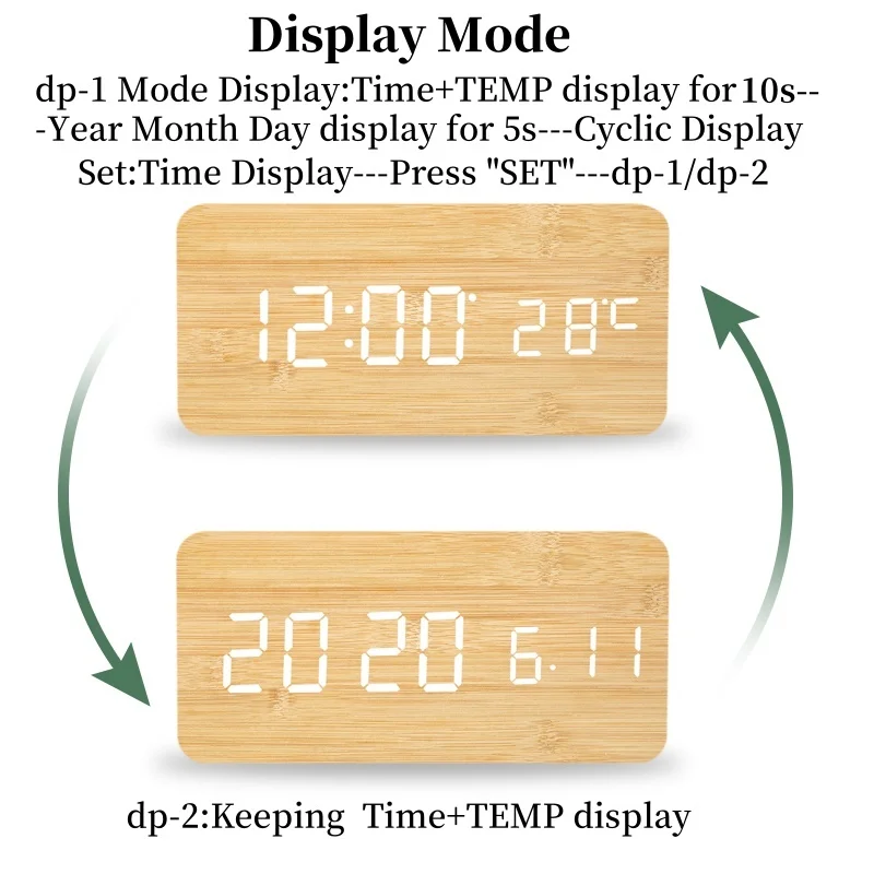 Voice Control Wooden Digital Alarm Clock Temperature Date Table Clock 3 Alarm Display Mode 12/24H Power Outage Memory LED Clock