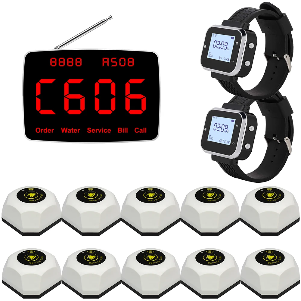 JINGLE BELLS 10 Quality Restaurant Calling buttons 1 Display 2 Waiter Wrist Watch Receiver Pager Wireless RestaurantCall System