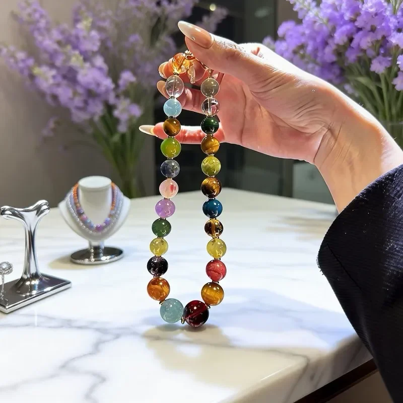 Pure natural crystal beads, the same crystal Duobao round beads necklace, colorful and gorgeous jewelry gift for girlfriend