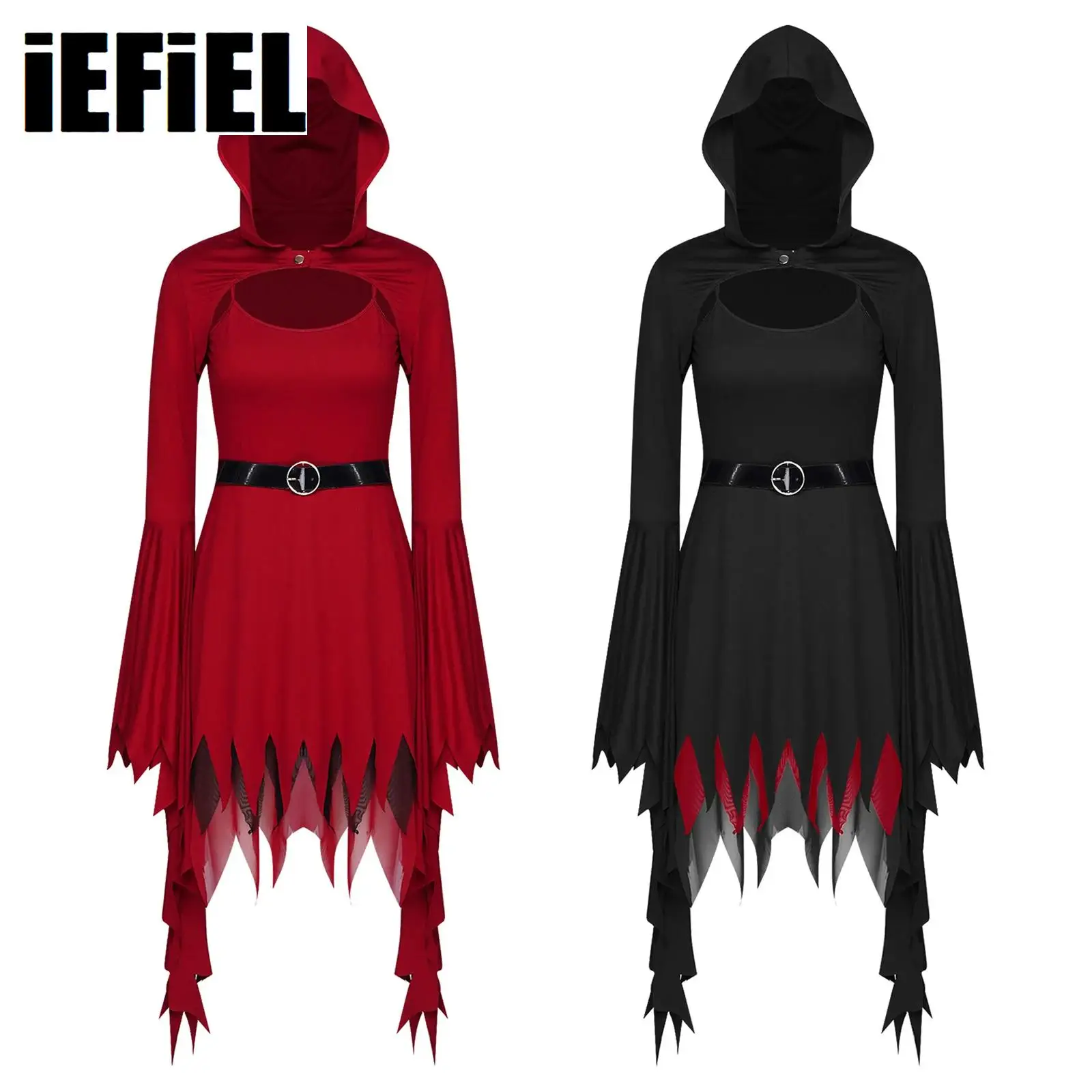 

Women Vintage Medieval Steampunk Dress Spaghetti Strap Jagged Hem Dress Long Flare Sleeve Goth Hooded Outwear Halloween Dress Up