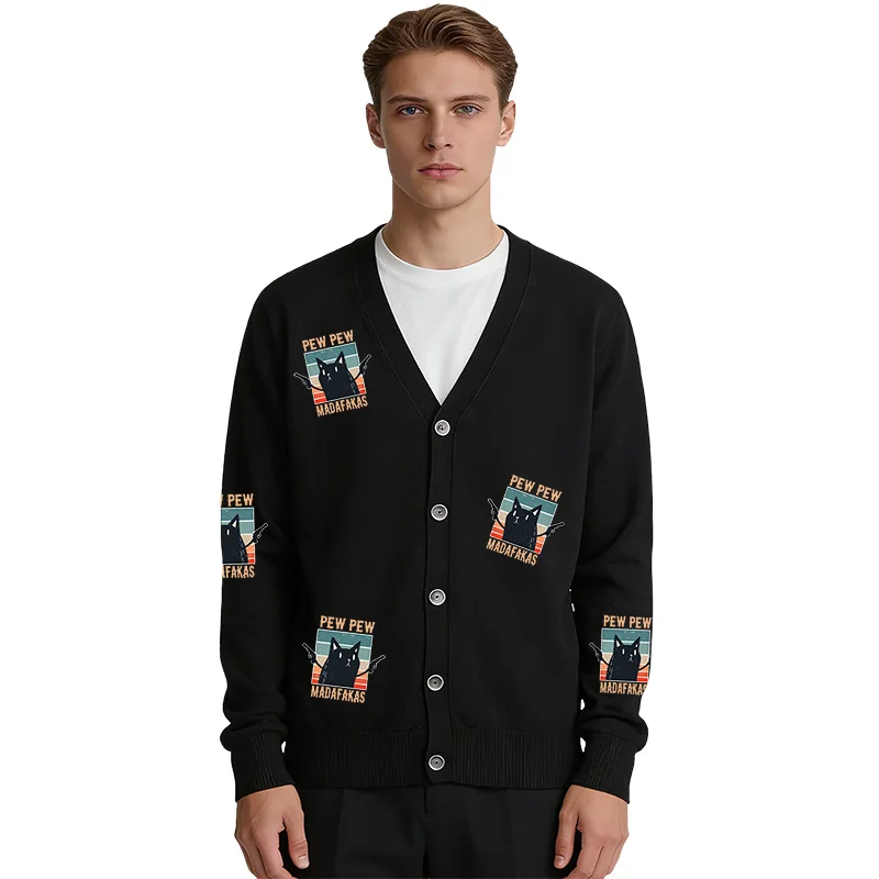 

Мужской шерстяной кардиган Pew Pew с принтом кошки и буквами, V-образный вырез, длинный рукав, эластичный, прямой крой, на пуговицах