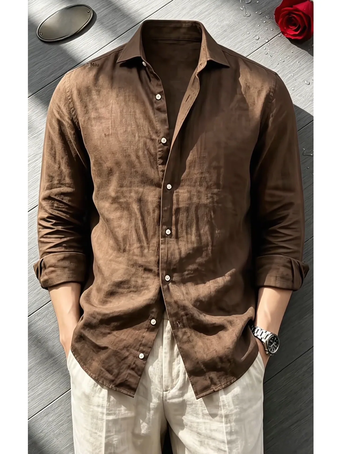 

Lightweight Linen Long Sleeve Shirt Men's Summer Breathable Sun Protection Standard Fit Fashionable Thin Outerwear Coffee Color