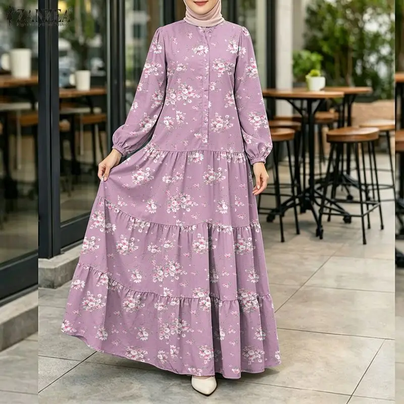 

ZANZEA Women Bohemain Long Sleeve Floral Printed Dress 2026 Muslim Abaya Robe Femme Casual O Neck Loose Sundress Kaftan Vestidos
