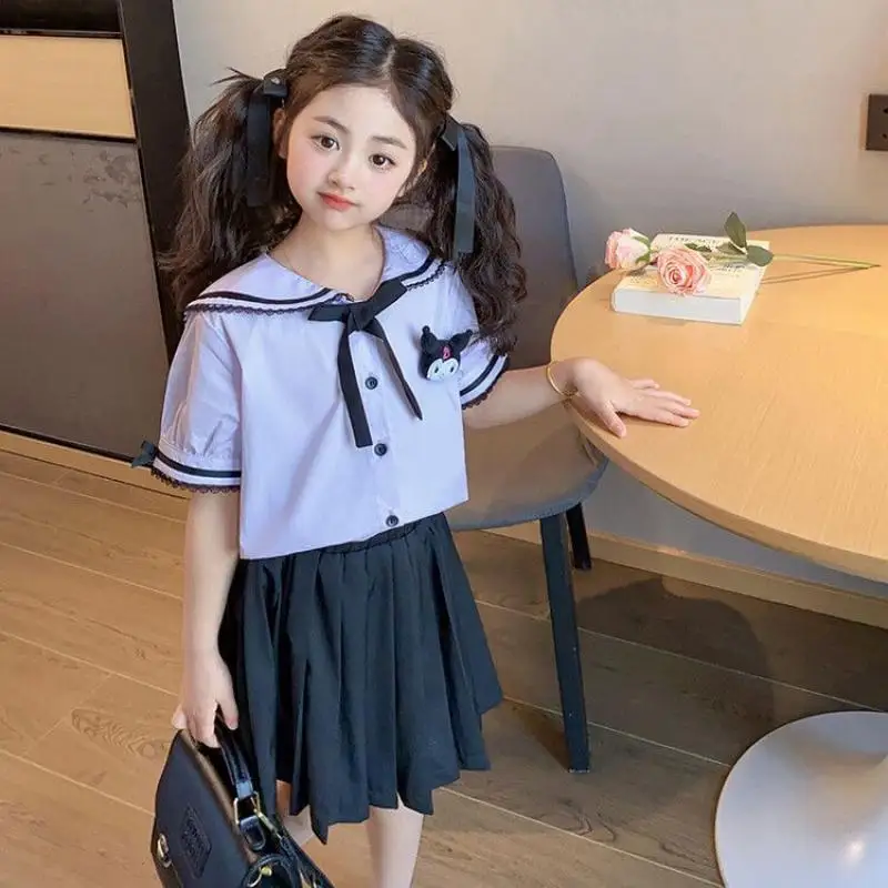 Kawaii Sanrios Kuromi Kinderen College Stijl Jurk Schattig Meisje Shirt Geplooide Rok Tweedelige Set Juniform Zomer Kinderkleding