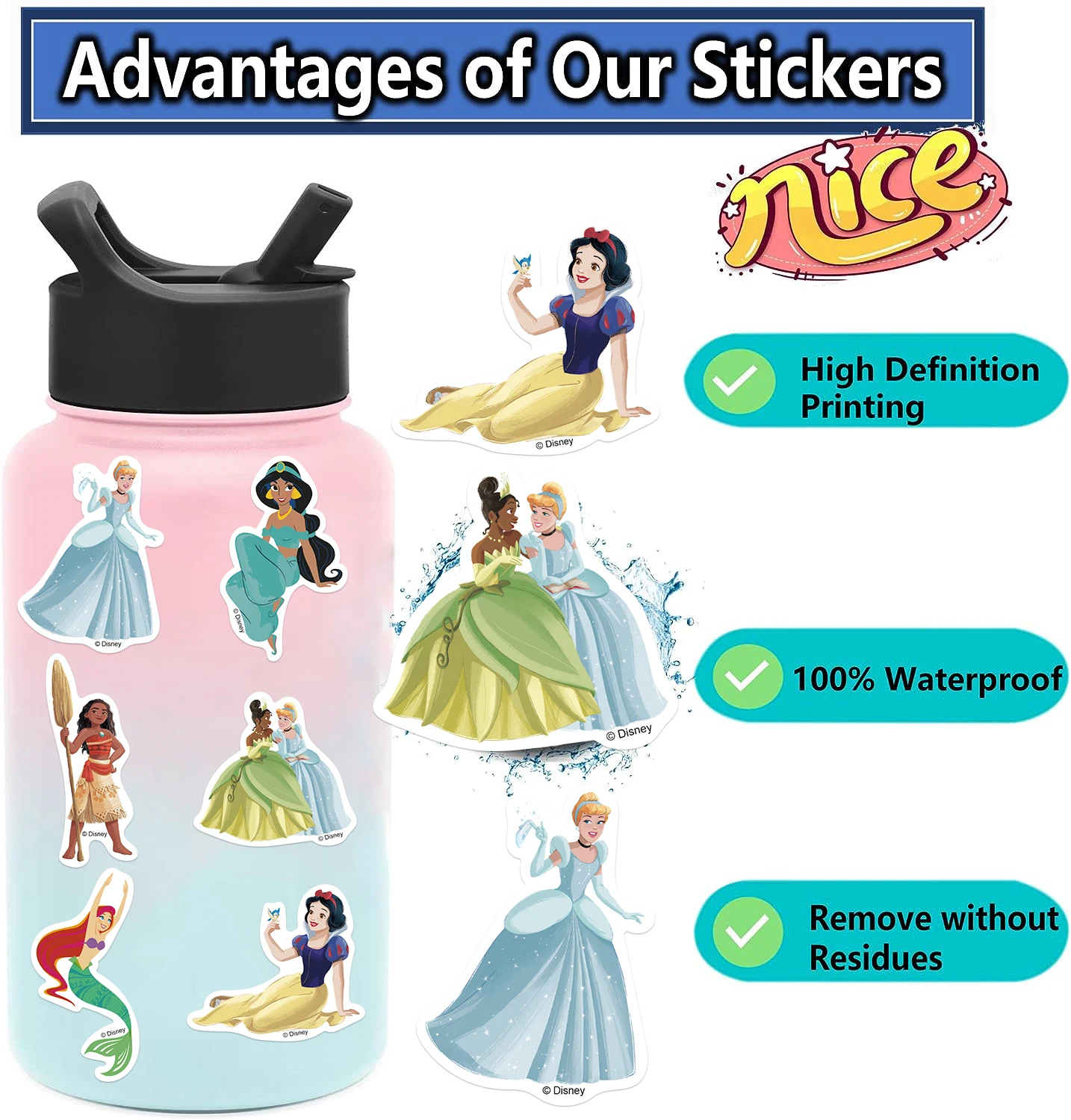 50/100PCS Disney Cute Cartoon Princess Stickers DIY Diary Laptop Luggage Skateboard Graffiti Decals Classic Toy