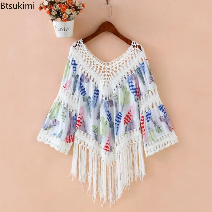 2025 Women's Summer Bohemia Style Cotton Linen Tassel Cover-ups Blouse V-neck Flare Sleeved Female Beach Holiday Outwear Tops