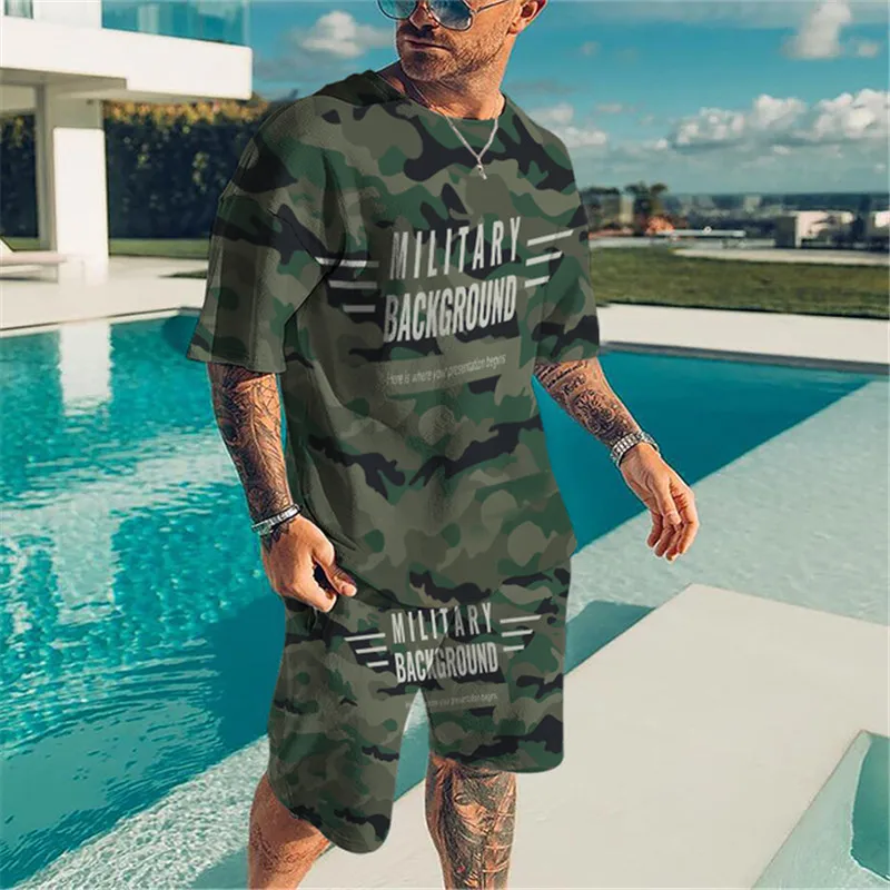 Herren T-Shirt 2-teiliges Set 3D-gedruckte Tarnung Armee grün Ashion Street Herren Sportswea Sommer Kurzarm Shorts Set