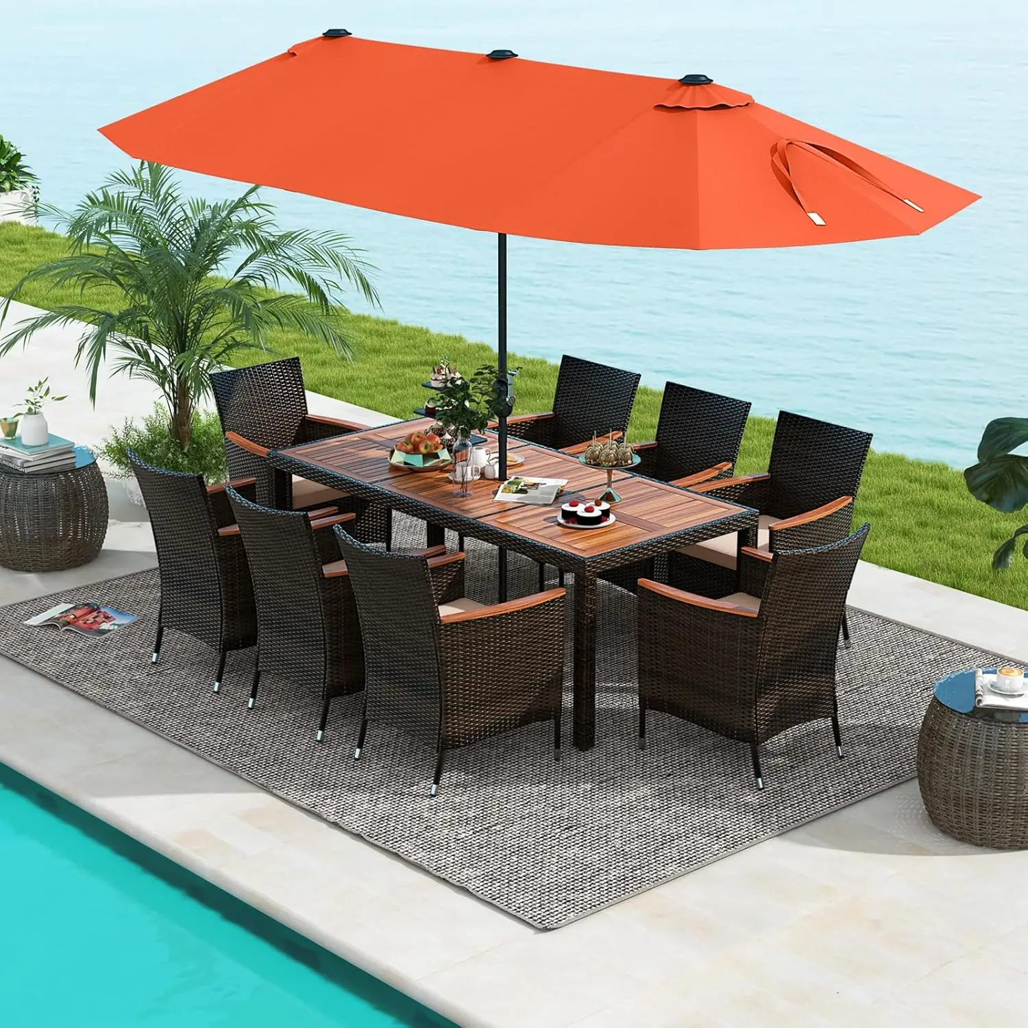 10Piece Patio Rattan Dining Set with 15Ft Double-Sided Umbrella,Outdoor Heavy Duty Acacia Wood Table and Stackable Wicker Chairs