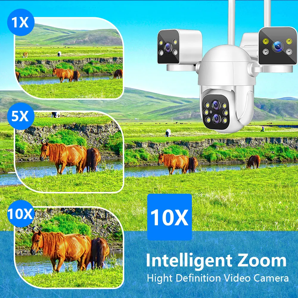 WiFi 8K 16MP Four Lens Three Screen Camera 10X Zoom Outdoor CCTV Security Protection Auto Tracking Video Surveillance IPC360Home