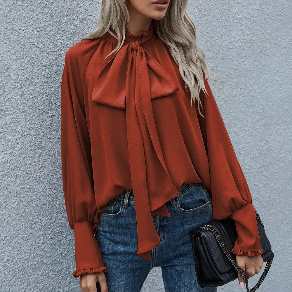 CPSYMYM Damen-Hemd mit Stehkragen, Fliege, Blase, langärmelig, Frühling und Herbst, neu, locker, alles, elegant, weiblich, lässig, O-Ausschnitt, alle M