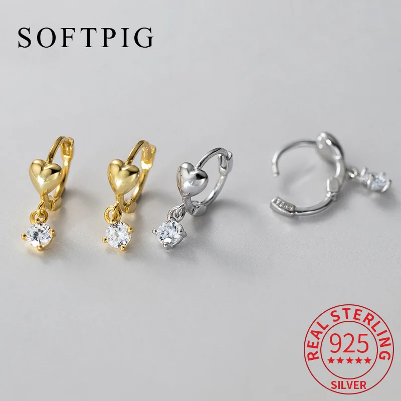 

SOFTPIG Real 925 Sterling Silver 18K Heart Zircon Pendant Stud Earrings for Women Cute Fine Jewelry Light Luxury Accessories