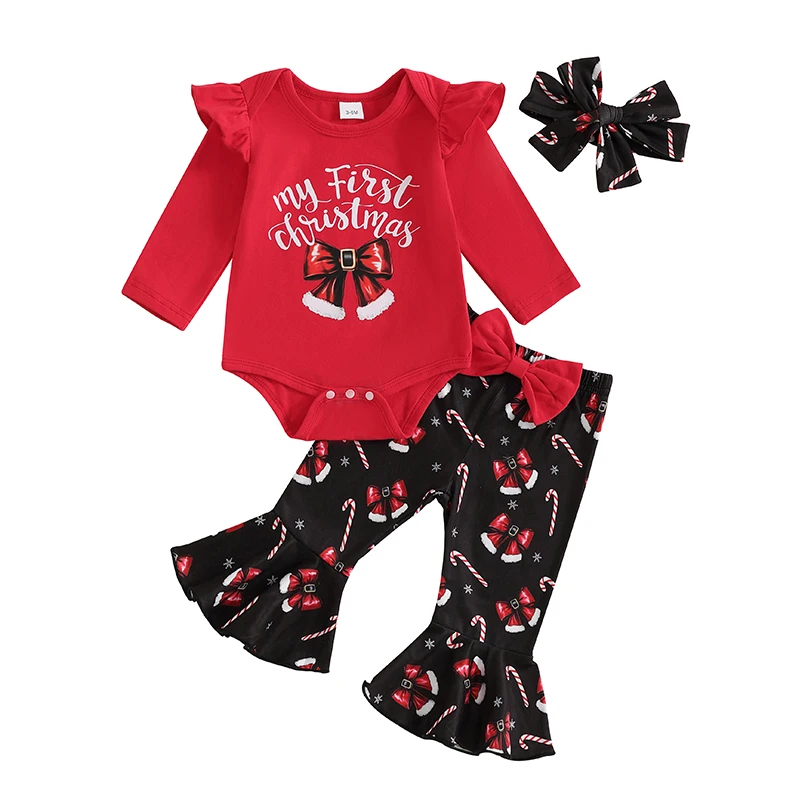 

Baby Girls Christmas Outfits Bow Print Long Sleeves Romper and Elastic Flared Pants Headband Set 3 Piece Clothes