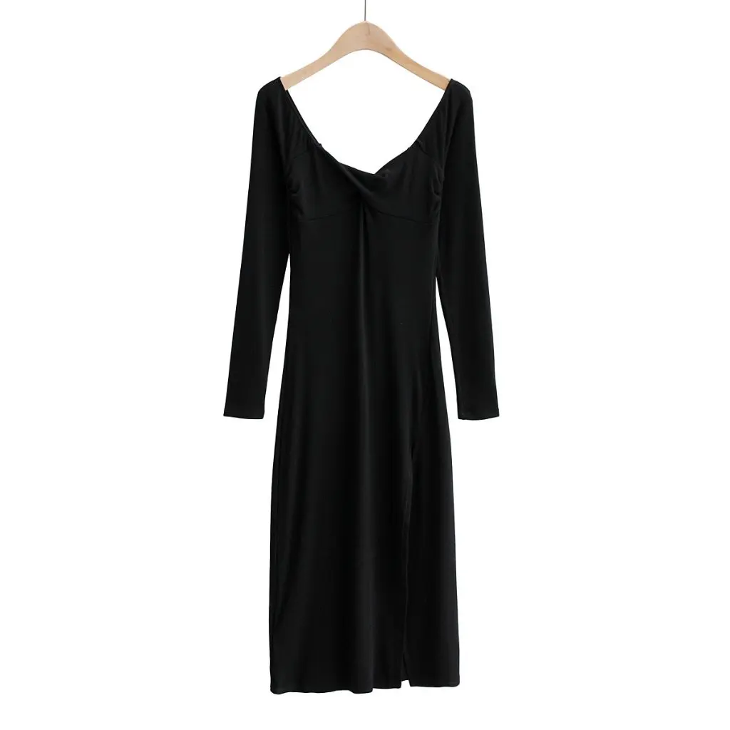 Vestido de manga larga con cuello en U de corte bajo para mujer estilo europeo y americano primavera otoño vestido Sexy con abertura lateral a la moda