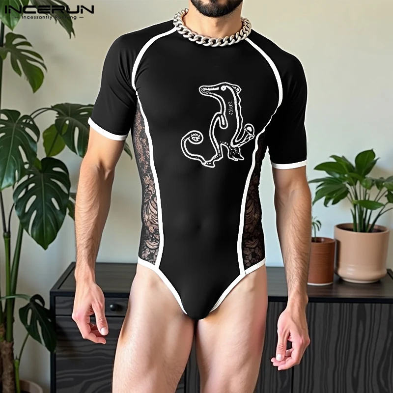 INCERUN الرجال داخلية الدانتيل المرقعة الطباعة قصيرة الأكمام Playsuits الرجال السروال القصير الشارع الشهير مثير انظر من خلال موضة ارتداءها