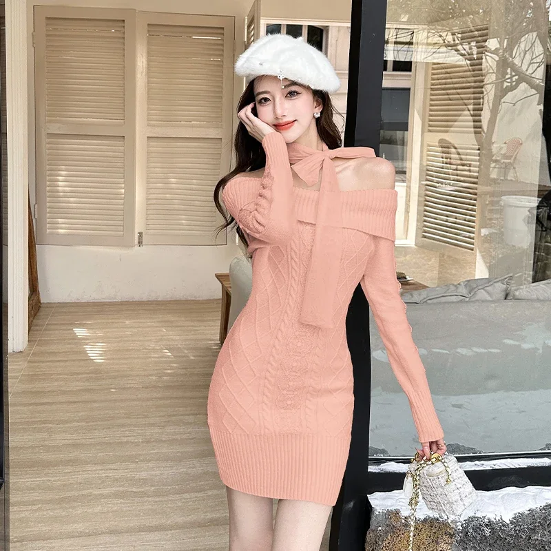 korean knitted dress Women Cocktail Evening Sweater Dress Korean Knitted High Waist Pleated Dresses