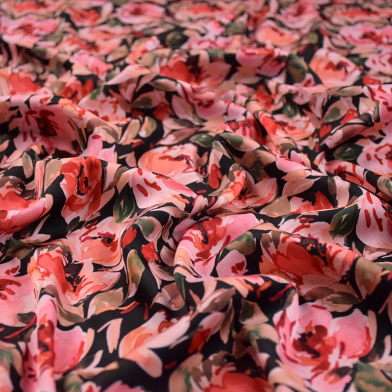 Silk Fabric for Dress and Cheongsam, Black Bottom, Big Red Flower Print, High Grade, Pajamas Material, T1843