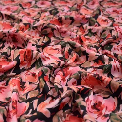 Silk Fabric for Dress and Cheongsam, Black Bottom, Big Red Flower Print, High Grade, Pajamas Material, T1843