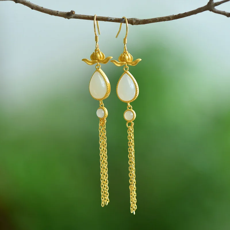 

Silver Plated Water Drop Hetian Jade Earrings with Certificate, Matching with Qipao and Hanfu, Lotus Tassel Earrings, Unique Jad