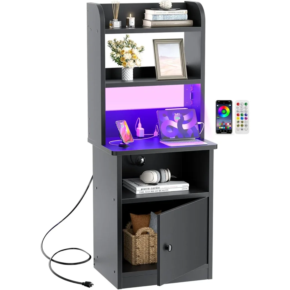 

Tall Nightstand with Charging Station and LED Lights, Adjustable Bookshelf, Industrial End Table Side Table with Storage Cabinet
