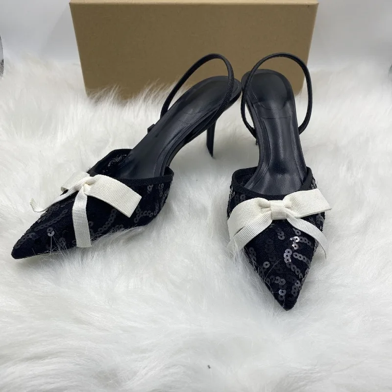 Color Blocking Bow Sequins Mesh Women Pointed Toe Shoes Elegant Chic Black Luxury Brand Designer Wedding Bridal Party Pumps