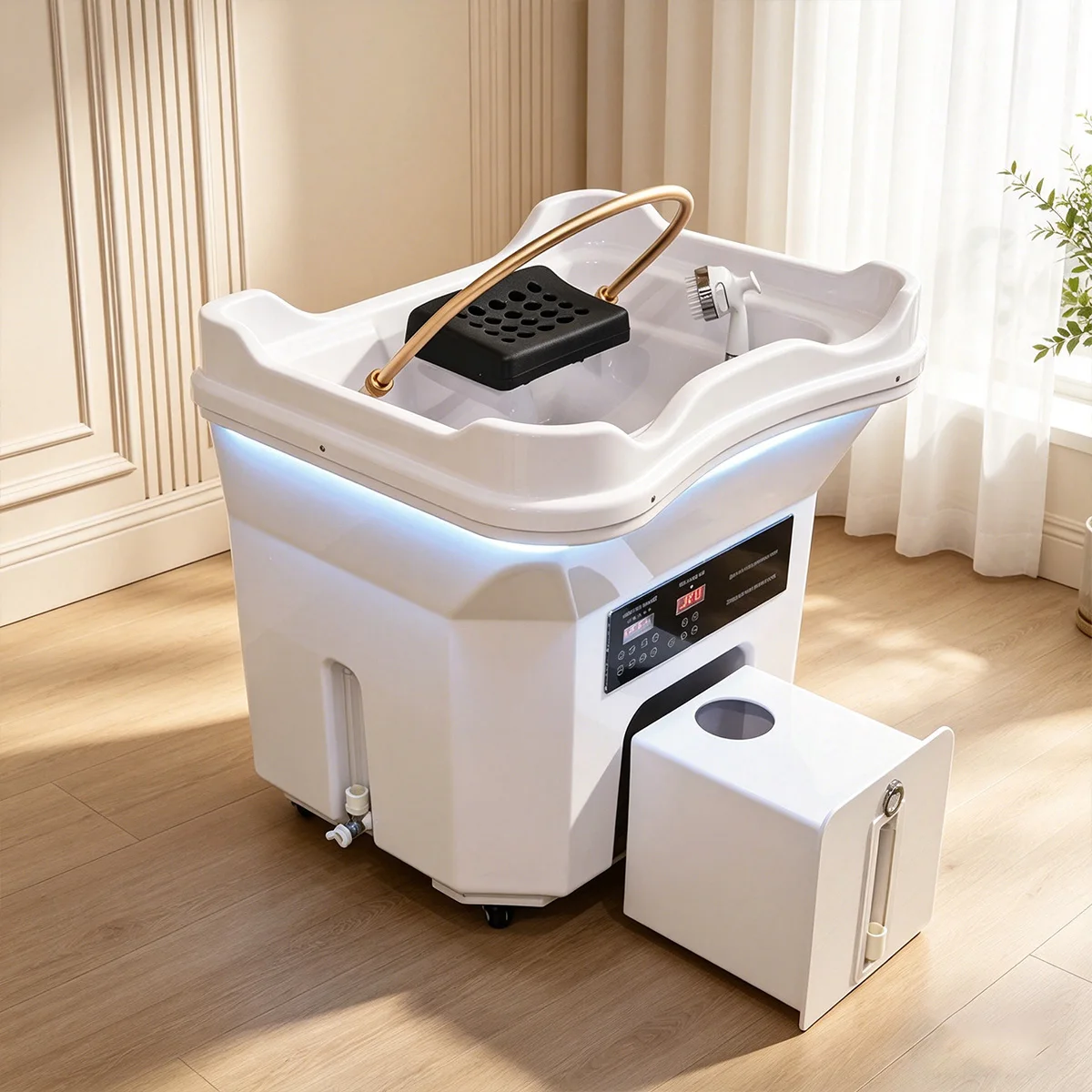 Hair Salon Portable Head Spa Basin Without Pipes - Shower Basin - Sink - with Steam LED Light Therapy - Bottom Wheel Fixation