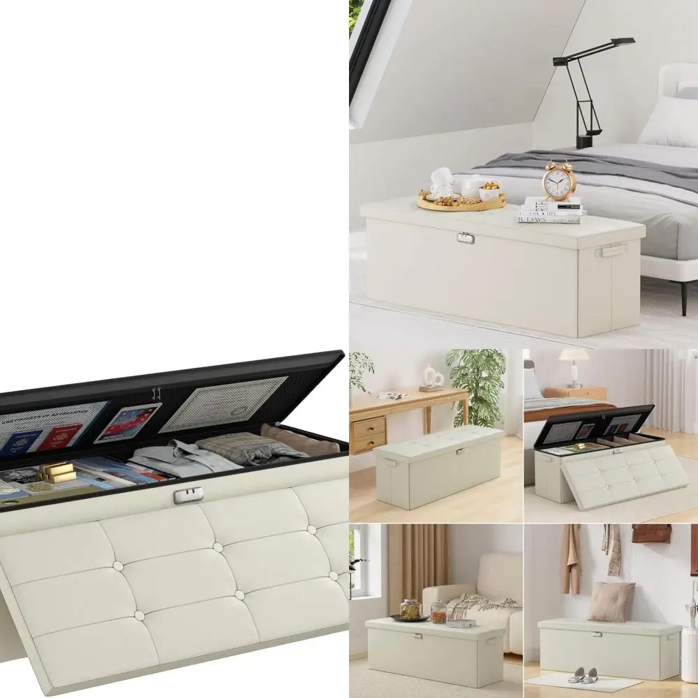 

Beige Leather Ottoman Bench with Storage, Fireproof and Waterproof, Folding with Lock, Suitable for Bedroom, Living Room, Home O