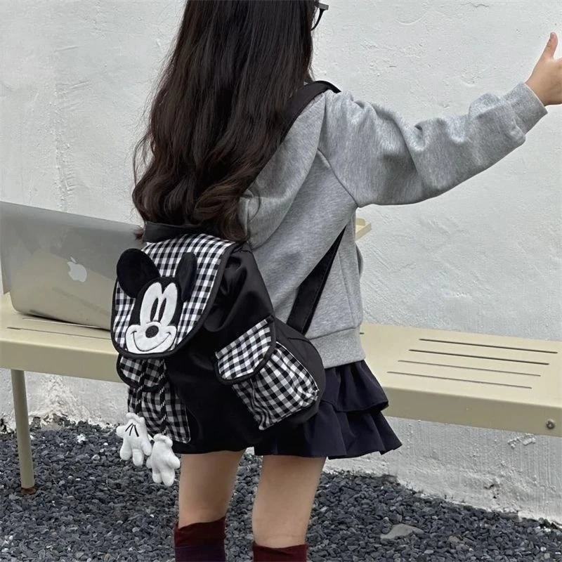 Mickey Mouse Plaid Backpack 3D Head Decor Cute Versatile Girlish Casual Outdoor Backpack for Daily Travel & School Use