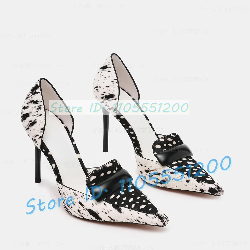 Printed Faux Horsehair Cover Heel Pumps Ladies Cover Instep Pointy Toe Black White Thin Heels Elegant Patchwork Dress Shoes