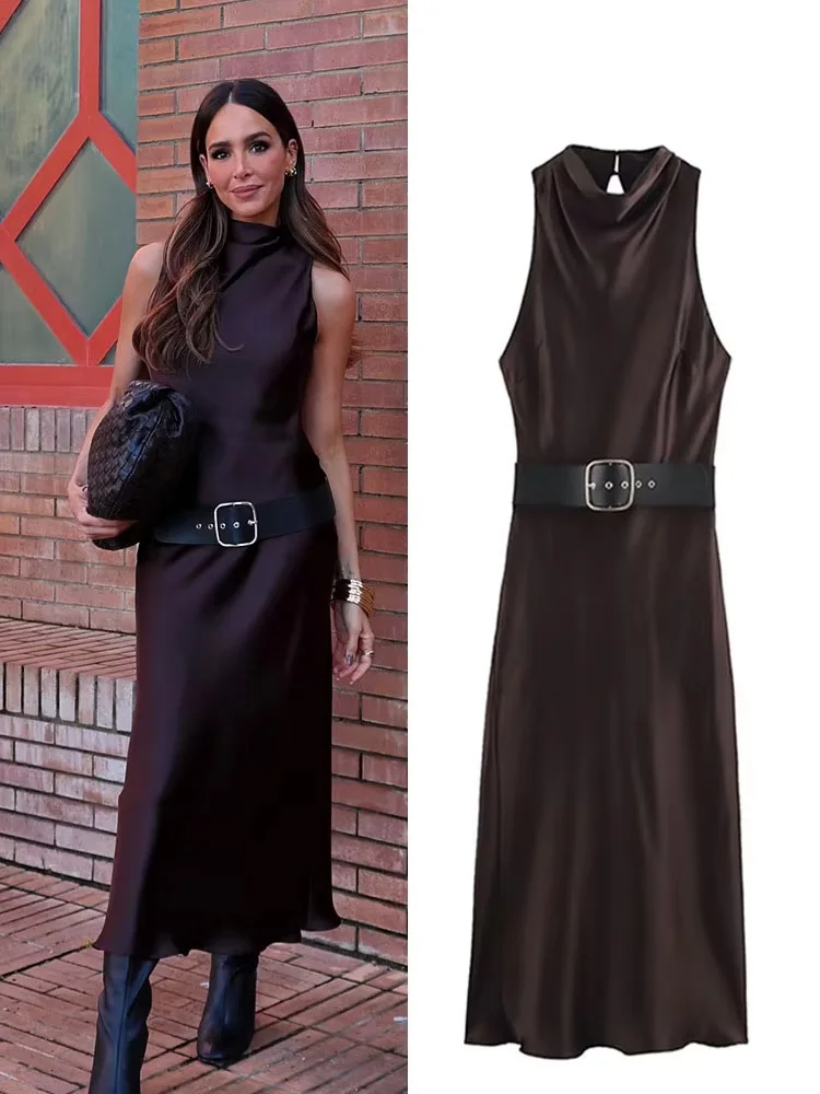 HH Vrouwen Nieuwe Elegante Jurk Effen O-hals Mouwloos Holle Knop Riem Decoratie Vrouwelijke Zomer Mode Lange Jurk