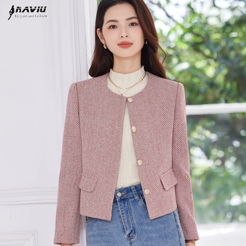 

NAVIU Spring Autumn Short Suit Coat Women Single Breasted Round Neck Blazer Office Ladies Elegant Work Jacket Coat Pink Khaki