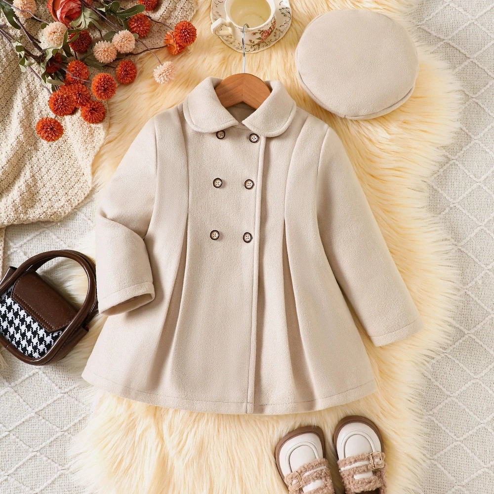 

2026 Kids Girls' Autumn-Winter Jacket with Lapel Solid Color Button Up Overcoat & Hat Mid-Long Outerwear For Outdoor Warm Coat