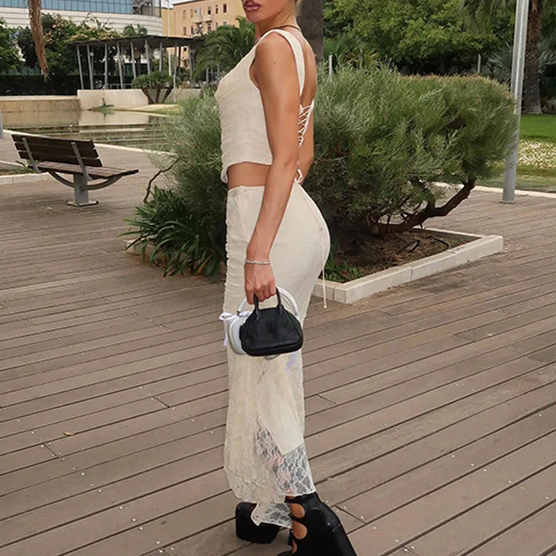 Womens French Fold Halter Crop Sleeveless Top Summer Sexy Lace-up Top Girl Fashion Skirt Chic Hip Wrap Long Dress Lace Skirt Set