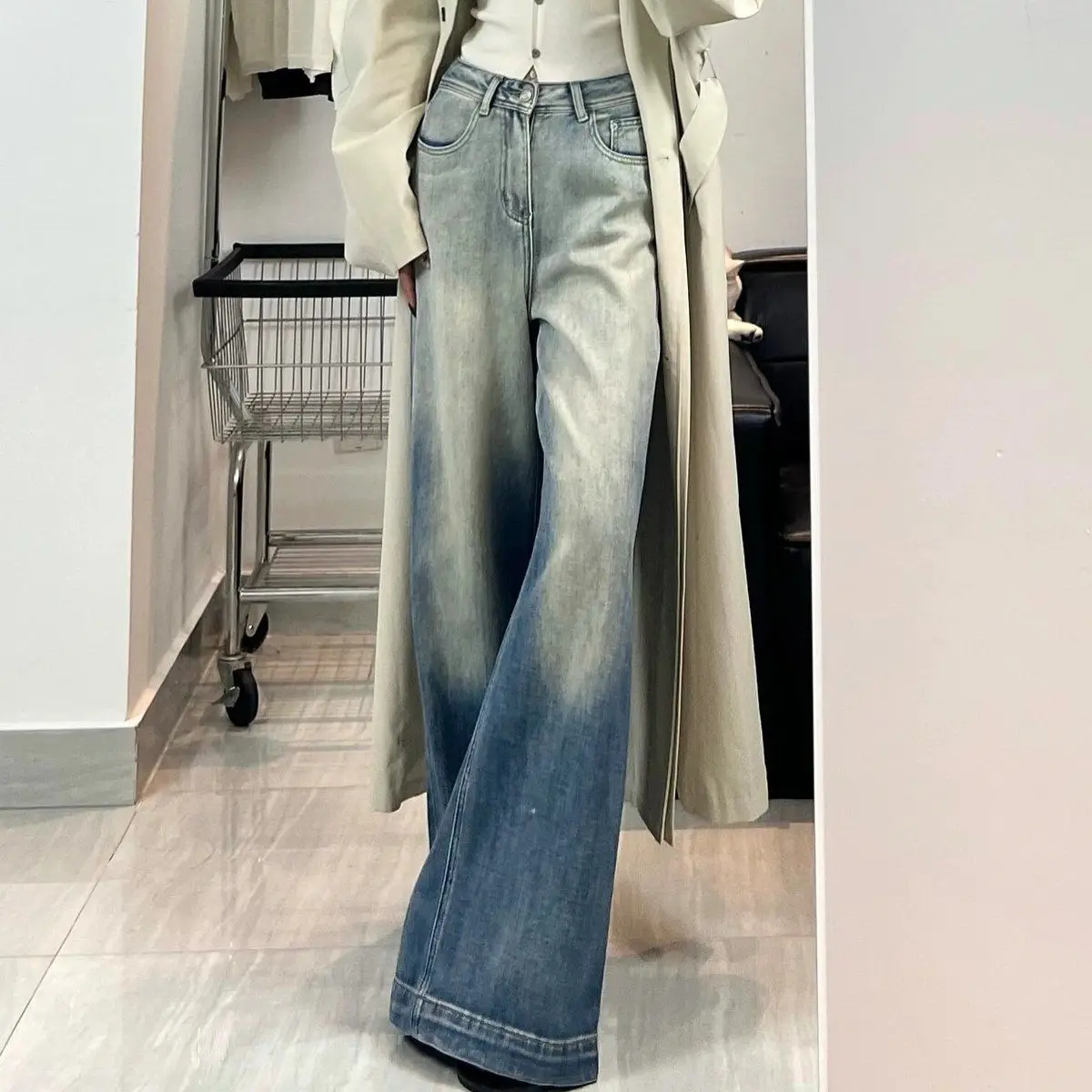 

Jeans High Waist Gradient Blue Women Vintage Straight Baggy Denim Pants Casual Style Korean Fashion Basic Wide Leg Denim Trouser