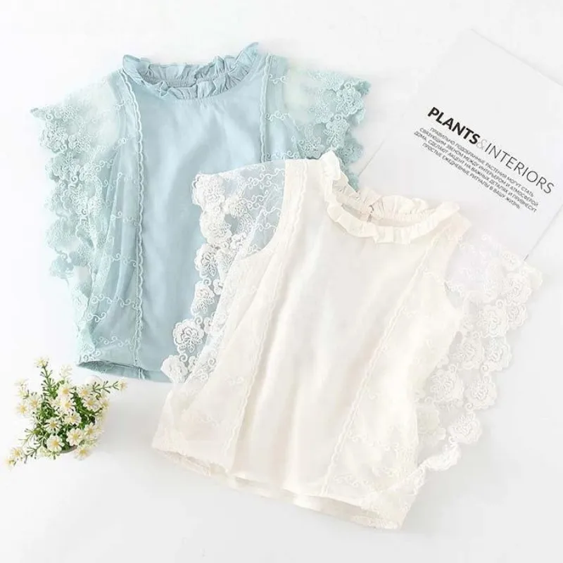 2023 Hot Summer New Design2 3 4 6 8 9 10Years Thin Sweet Cute Solid Color Lace Patchwork Blouse Baby Kids Girls Sleeveless Shirt