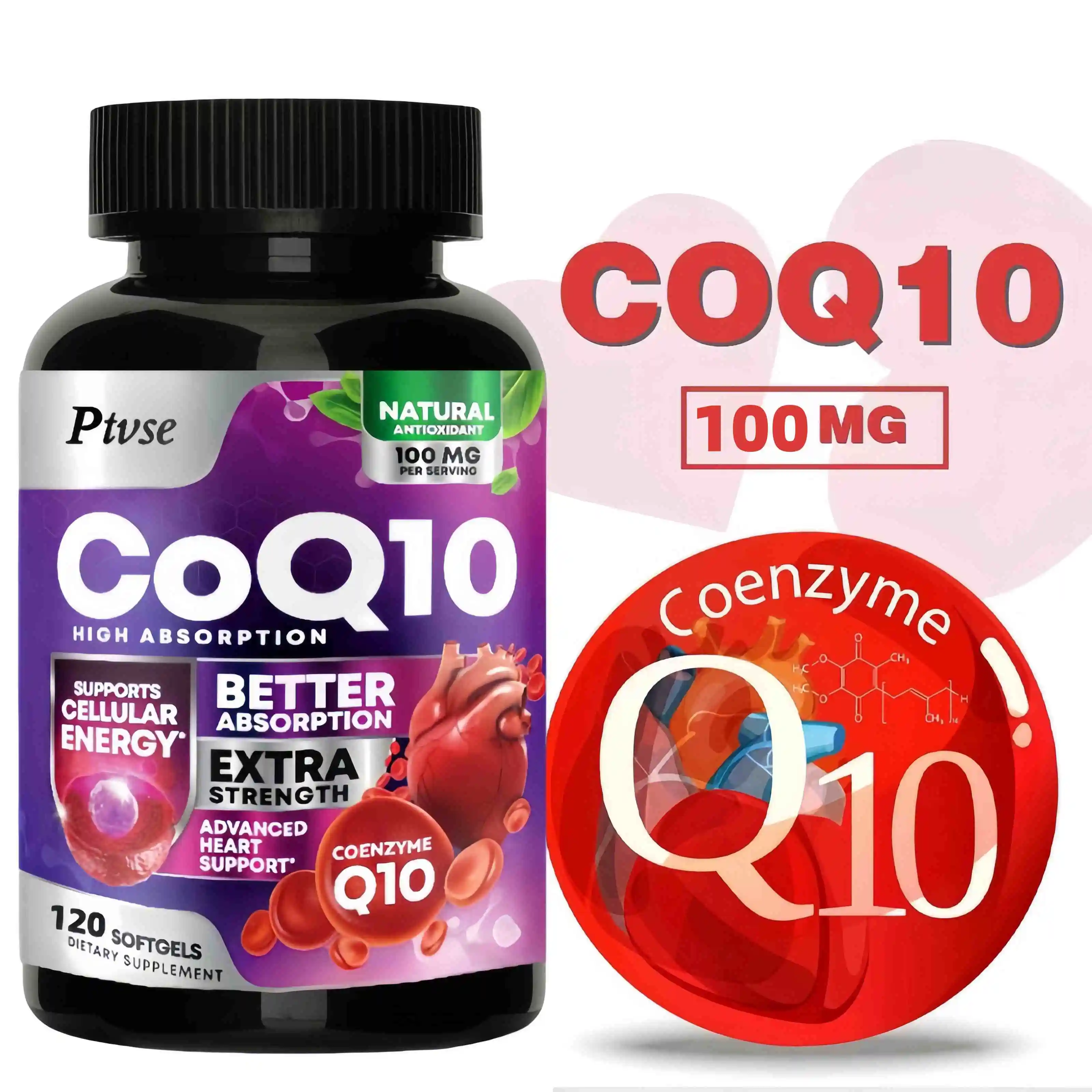 Organic CoQ10 Supplement 100 Mg Promotes Cardiovascular and Heart Health, Antioxidant, Provides Energy for Overall Health