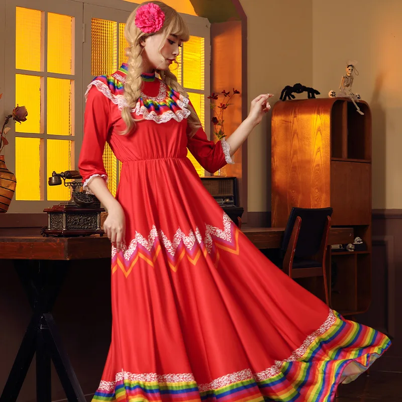 Jupe de danse à éléments mexicains avec couvre-chef, vêtements de spectacle de Festival à grand ourlet, multicolore, Style européen et américain