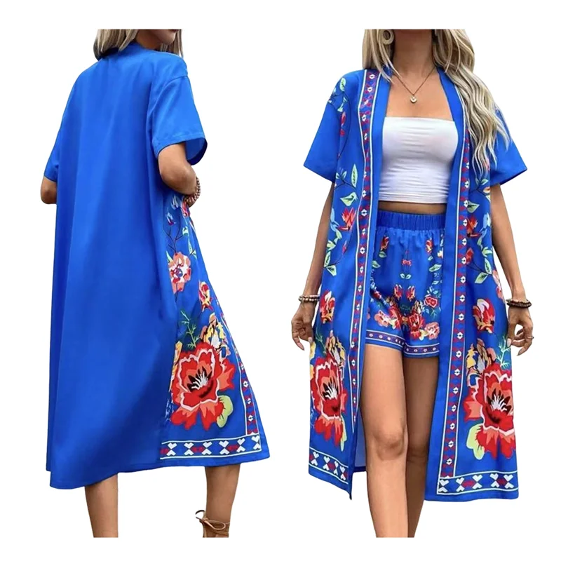 ABP-Kimono de manga corta bohemio floral de talla grande para mujer, prendas de vestir y pantalones cortos con frente abierto, traje de verano de 2 piezas