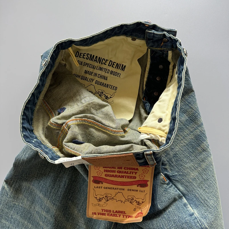 13.5oz Men's Japanese Indigo Blue Selvedge Straight Leg Denim Jeans for Men Artisan Vintage Spring Washed with Raw Hem Detailing - Image 2